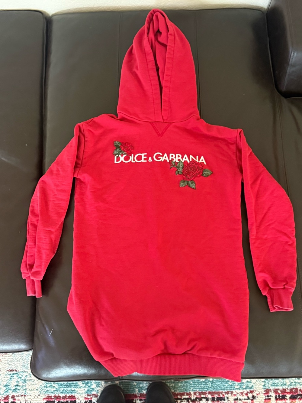 Dolce & Gabbana Red Hooded Sweater with Rose Embroidered for Kids